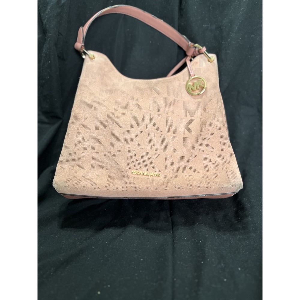 Michael‎ Kors Pink  Logo Perforated Suede Shoulder Purse